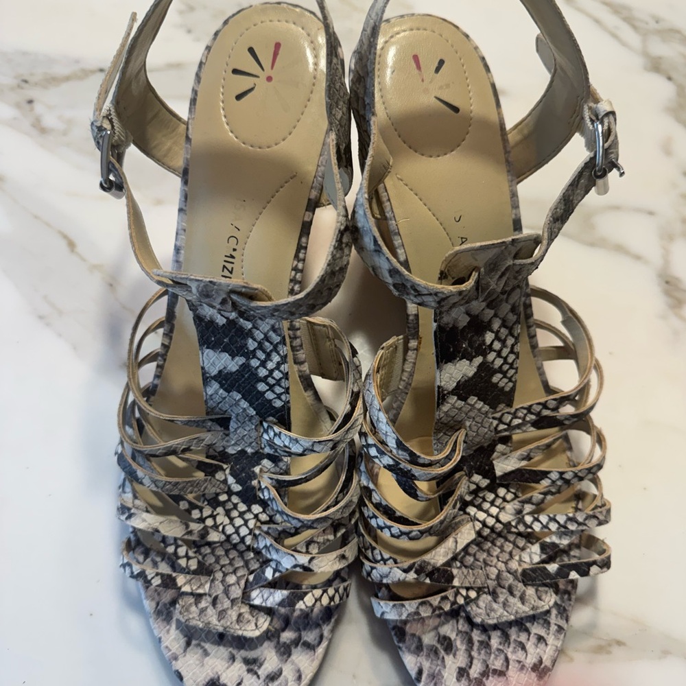 Isaac Mizrahi Snake-Print Strappy Heels in Black and White